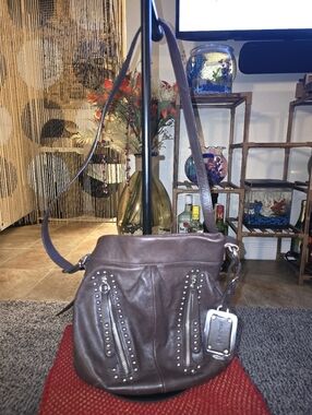 💰 B. Makowsky Brown Studded Leather Crossbody Bag - Preloved Condition